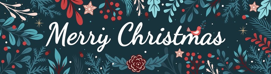 Christmas and Happy New Year Card template. Decorated with pine branches, mistletoe, winter plants and flowers. Merry Christmas. Vector design element