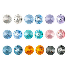 Crystal transparent multi-colored strasses and crystals of a round shape. Isolated on white background