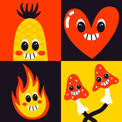 Vector collection of abstract fun posters with cartoon bizarre characters. Psychedelic comic faces with smile. Retro pineapple, heart, fire, mushrooms colorful illustration