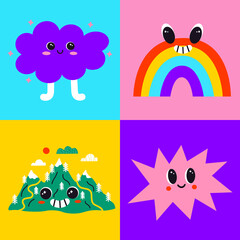 Vector collection of abstract funny posters with bizarre characters. Psychedelic comic faces with crazy smile. Retro cloud, rainbow, mountain, star colorful illustration
