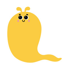 Cute crawling monster with happy face emotion. Bizzare kind character in flat style. Adorable childish creature in pastel color. Hand drawn comic beast isolated on white background