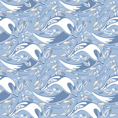 Fototapeta na wymiar Fox on a blue background, with mushrooms and berries, with leaves seamless pattern. Ideal for baby clothes, fabric, textile, baby decoration, wrapping paper