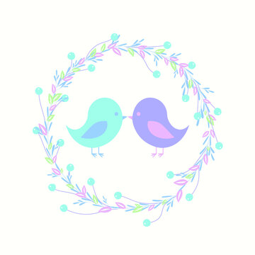 two birds in the center of a frame made of leaves. couple of birds in love opposite each other. vector illustration, eps 10.