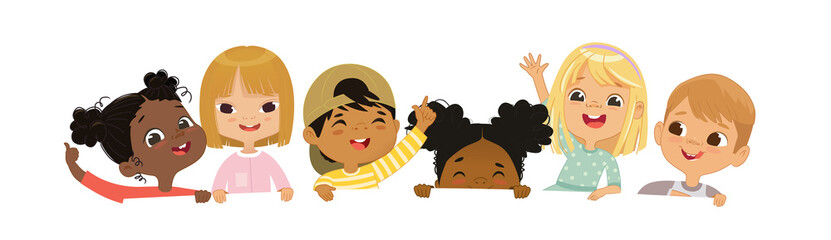 Happy multicultural children hold a blank poster. Template for advertising brochure. Cute little kids on a white background panorama template. Funny cartoon character. Vector cartoon illustration - 476968148