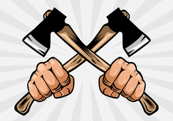 Axe holding in hand man lumberjack. woodman, carpenter.