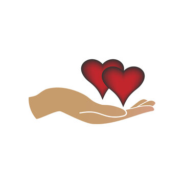 An image of a hand with two loving hearts on a white background.
