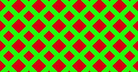 Abstract background of geometric green pentagon shapes on red screen background. Psychedelic 2D rectangles, bright, throwing simple layer.