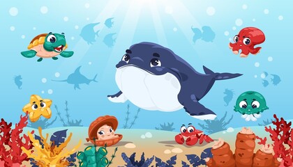 Obraz premium Underwater cartoon landscape. Summer sea and ocean scene with cute adorable fish. Funny octopus, jellyfish and seaweeds, little turtle and big whale. Vector ocean world background