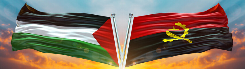Palestine flag and Angola Flag waving with texture sky Cloud and sunset Double Flag  - obrazy, fototapety, plakaty