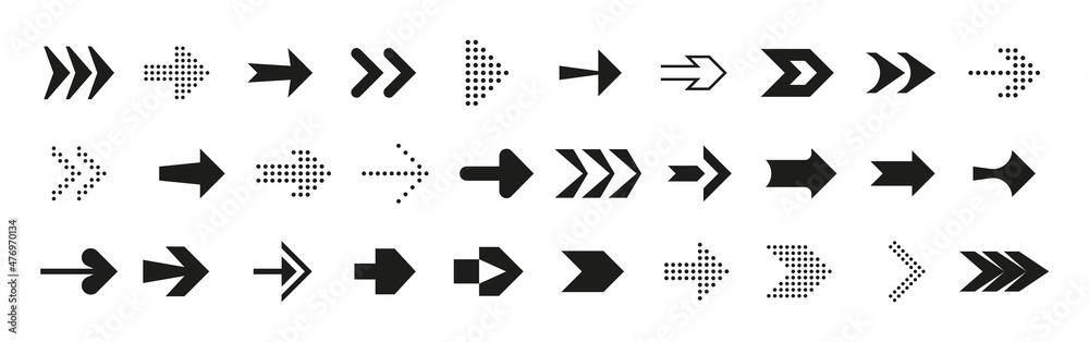 Poster Direction arrows. Forward back up and down interface symbols. Left or right dynamic shapes collection. Black line or dotted icons. Menu signs. Vector navigation or orientation pointers set