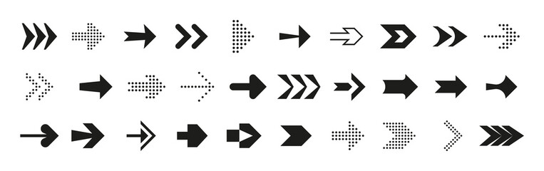 Fototapeta Direction arrows. Forward back up and down interface symbols. Left or right dynamic shapes collection. Black line or dotted icons. Menu signs. Vector navigation or orientation pointers set obraz