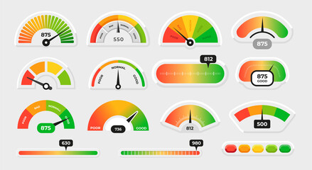 Meter level. Score measure graphic dial with different colors. Speedometer gauge indicator or customer satisfaction metering graph. Progress scale with arrows. Vector infographics set - obrazy, fototapety, plakaty