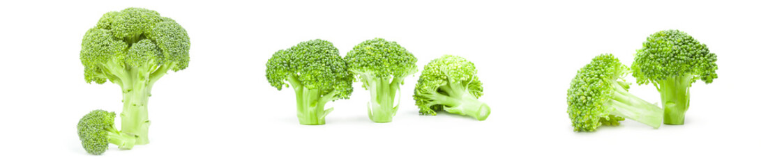 Set of fresh raw broccoli over a white background