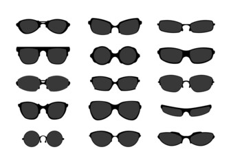 Black sunglasses. Retro fashion spectacles of different shapes. Vintage style eyewear. Geek or medicine optics logo. Sunlight protection. Dark eyeglasses. Vector summer accessories set