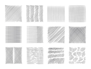 Pencil sketch line. Pen scribble effects. Doodle freehand sketchy clipart. Messy hand drawn monochrome pattern. Square shapes with outline ornaments. Vector black hatching textures set