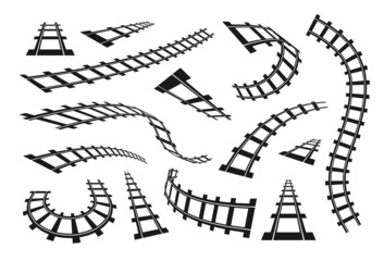 Fototapeta Black railway. Train track and straight railroad silhouette. Subway and tram journey road. Transport railing way contour parts. Industrial construction. Vector rails and sleepers set obraz