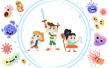 Obraz na płótnie Canvas Kids fight virus. Children fighting against Covid and flu disease bacteria. Immunity protection concept. Pathogenic microorganisms. Boys and girls in protective dome. Vector illustration