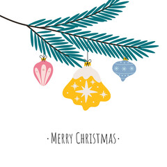 Mery Christmas gift card with hand drawn green spruce branch and doodle holiday christmas balls in yellow, red, blue, pink, color with stars and snowflakes