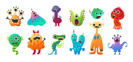 Fototapeta na wymiar Alien monster. Cartoon baby space creature characters. Friendly beast mascot. Scary mutants collection. Colorful gremlins and goblins with eyes. Comic demons. Vector virus pathogens set