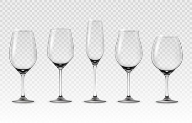 Realistic wine glass. Empty transparent crystal shiny high and round wineglasses. 3D stemware for grape alcohol drinks. Clean utensil for serving beverages. Vector isolated tableware set