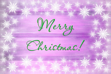 Fototapeta na wymiar Winter wooden purple lilac nature background with snowflakes around. Texture of painted wood horizontal boards. Merry Christmas card.