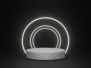 3D granite podium with white neon frame. Stone mockup on black background.