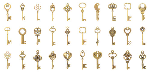 Set of 30 vintage gold keys isolated on white background