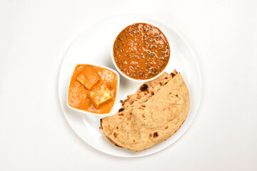 Indian Food in Plate Isolated on White Background, Shahi Paneer with Dal Makhani and Tandoori Roti