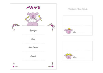 Funny menu template for restaurant, party, or family lunch with hand-drawn graphics and printable place cards with Mr. and Ms. Pig 