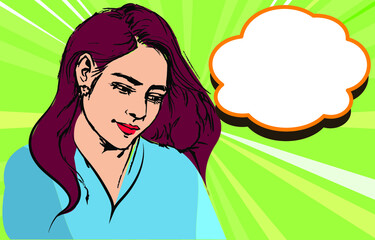 Wow a feminine pop art face. With blue eyes, an open lips, and a speech bubble,  sexy young woman is astonished. Bright vector backdrop in the manner of a pop art retro comic. Poster for a party invit