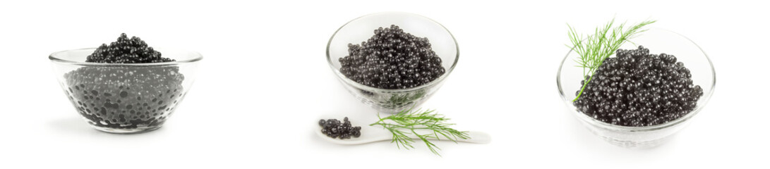 Collage of black caviar isolated on a white background