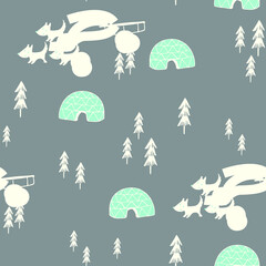 Arctic, nordic, igloo themed vector, seamless, can be used for baby t-shirt print, fashion print design, kids wear, baby shower, bedding set, wallpaper, celebration, greeting cards and invitation.