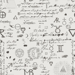 Seamless esoteric pattern. Alchemy, magic, witchcraft and mysticism are esoteric symbols. Background from a manuscript with occult sketches and careless handwritten text in retro style