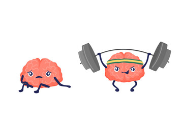 Brain training and Alzheimer's disease. Cartoon brain character with barbell. Pumping cute organ, power. Sports and fitness. Stock vector illustration isolated on white background. - obrazy, fototapety, plakaty