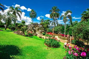 Fototapeta premium The natural background of colorful flower beds, with chairs to sit and rest while watching the scenery, the wind blows through the blur, cool and comfortable.