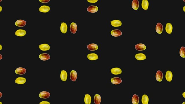 Colorful fruit pattern of fresh rotating mango on black background. Seamless pattern with mango. Realistic animation. 4K video motion