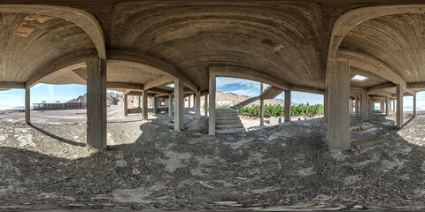 full seamless spherical hdr panorama 360 degrees in frame of abandoned concrete unfinished building...