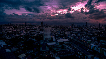 The high angle background of the city view with the secret light of the evening, blurring of night...