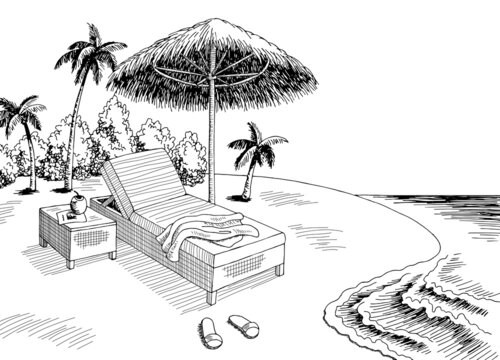 Beach vacation graphic black white landscape sketch illustration vector 