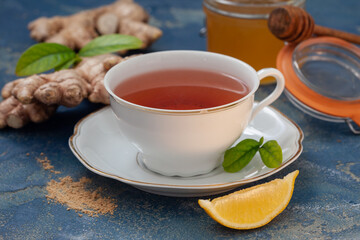 Ginger root tea with lemon and honey. Healthy tea good for immunity.