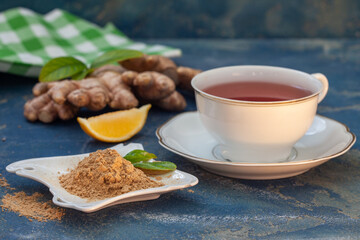 Ginger root tea with lemon and honey. Healthy tea good for immunity.
