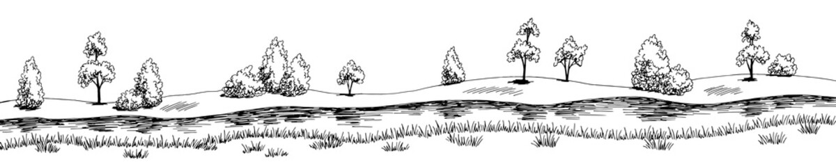 River graphic black white long landscape sketch illustration vector  - obrazy, fototapety, plakaty