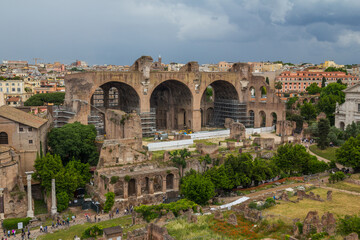 Fototapeta na wymiar Basilica of Maxentius and Constantine, ruins in the Roman Forum in Rome, Italy