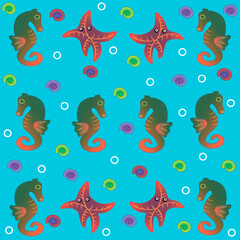 A seamless pattern with seahorses and starfish