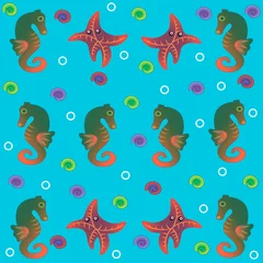 Wall murals Sea life A seamless pattern with seahorses and starfish