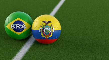 Ecuador vs. Brazil Soccer Match - Leather balls in Ecuador and Brazil national colors. 3D Rendering 