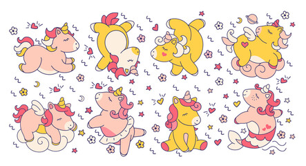 Fun set of fairy doodle unicorns. Set of stickers, isolated elements. Wide girly background with variety of pony. 