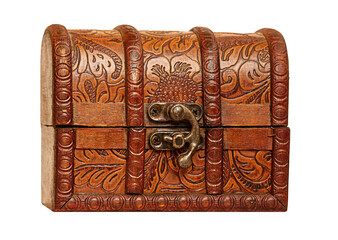wooden old decorative chest with a closed lid for storage, an isolated casket