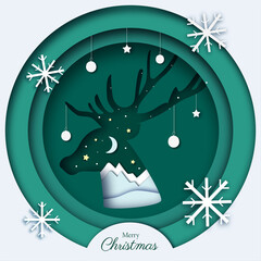 Christmas illustration with deer and mountains and decorations in paper cut style
