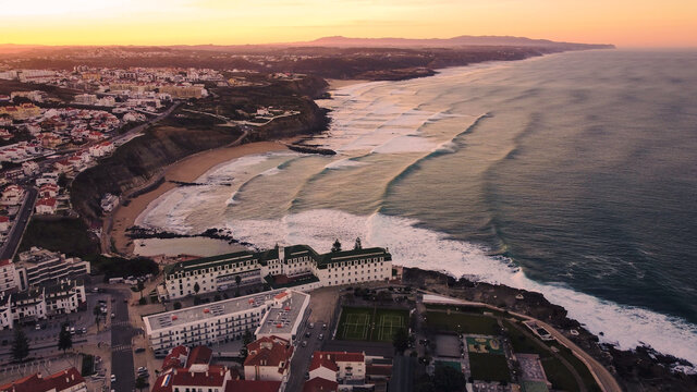 aerial view of sunset of ericeira fisherman village on the portugal coastline europe travel destination for surf